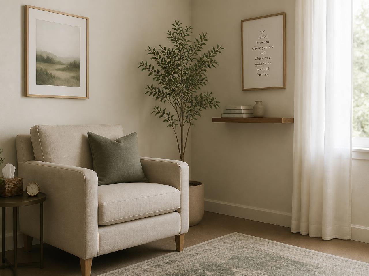 A calm counselling room with a linen armchair and soft daylight