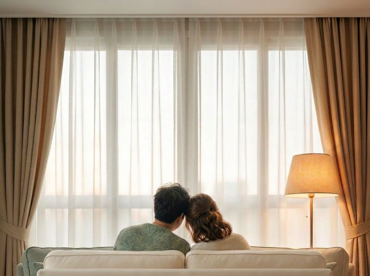 A couple sitting side by side, viewed from behind, facing soft window light