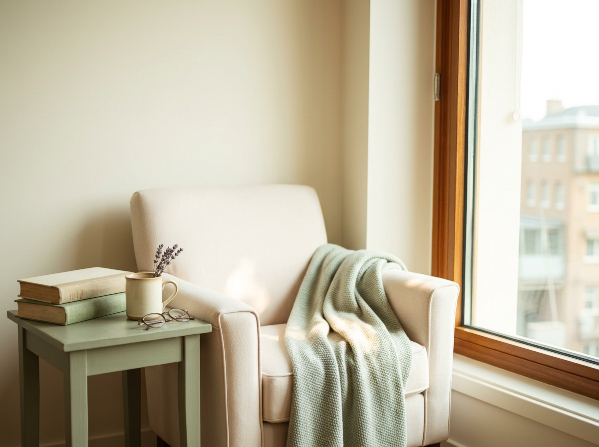 A calm, bright room with soft morning light through a window and an empty armchair